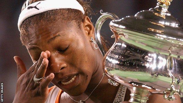 Serena Williams is overcome with emotion during her acceptance speech after winning the 2003 Australian Open