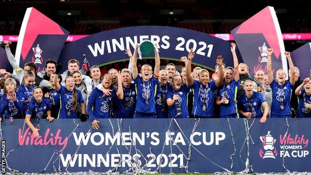 Chelsea lift women's FA Cup trophy