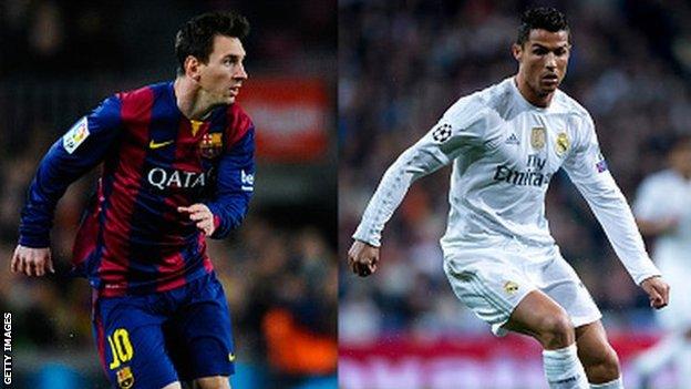 Barcelona's Lionel Messi (left) and Real Madrid's Cristiano Ronaldo