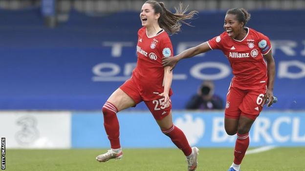 Sarah Zadrazil celebrates scoring for Bayern Munich against Chelsea in the Women's Champions League