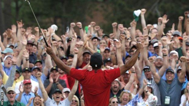 Tiger Woods celebrates winning the 2019 Masters