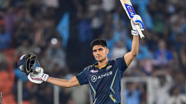 Gujarat Titans' Shubman Gill celebrates after scoring a century