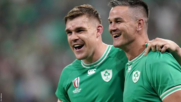 Garry Ringrose and Johnny Sexton smile after Ireland's win over Scotland