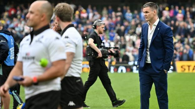 Johnny Sexton speaks to match officials after the Heineken Champions Cup final