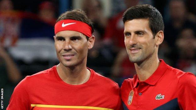 Rafael Nadal and Novak Djokovic before their last meeting at the ATP Cup in January