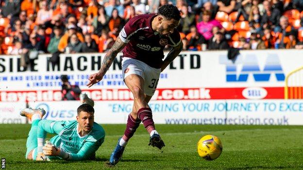 Josh Ginnelly scores for Heart of Midlothian against Dundee United