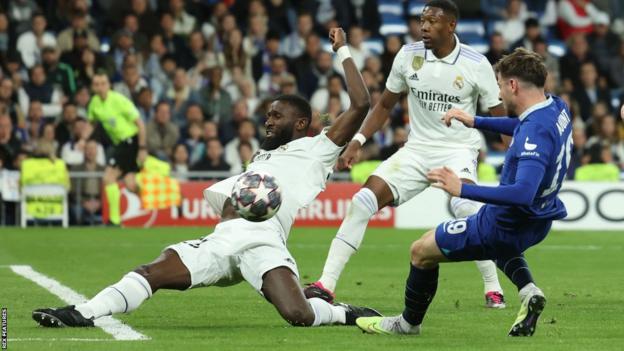Chelsea substitute Mason Mount is denied a goal by a block from ex-Blues defender Antonio Rudiger