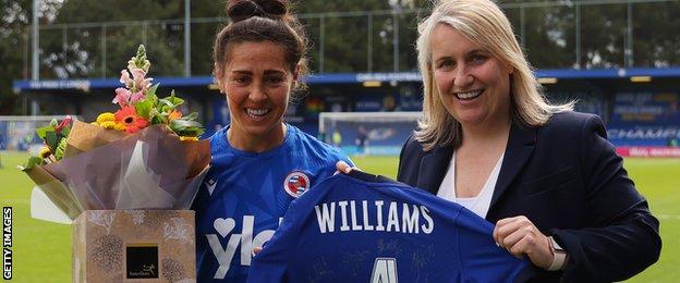 Reading midfielder Fara Williams (left) poses with Chelsea manager Emma Hayes before her final WSL game