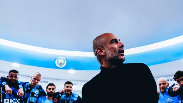 Pep Guardiola and players in Manchester City dressing room
