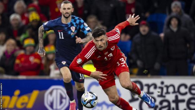 Wales striker Kieffer Moore in action against Croatia
