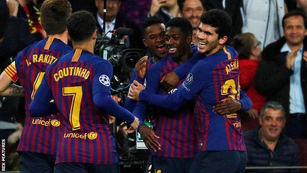 Players of Tottenham celebrate qualification during the UEFA Champions  League, Group B football match between FC Barcelona and Tottenham Hotspur  on December 11, 2018 at Camp Nou stadium in Barcelona, Spain 