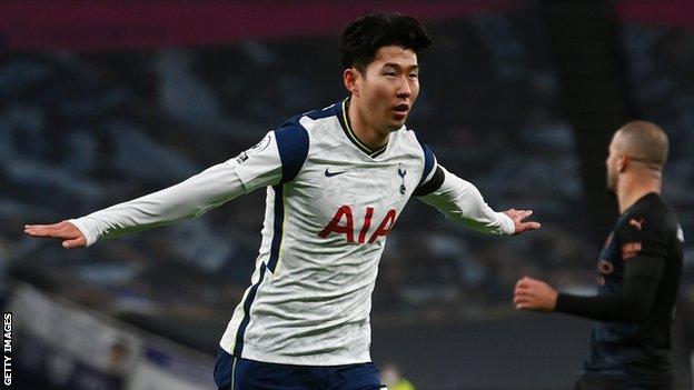 Son Heung-min celebrates scoring Tottenham's opener against Manchester City