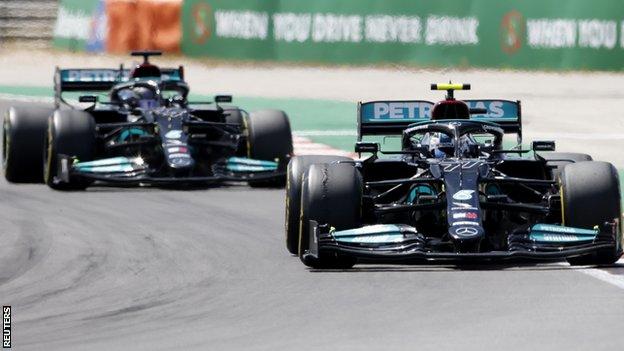 Valtteri Bottas ahead of Lewis Hamilton on track