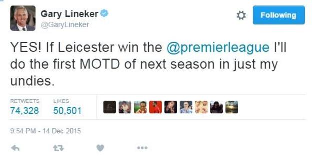Gary Lineker tweets 'YES! If Leicester win the Premier League I'll do the first Match of the Day of the next season in just my undies.