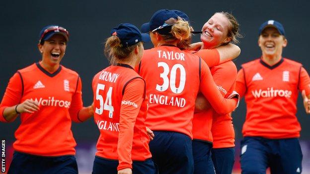 England celebrate a wicket by Anya Shrubsole (second right)