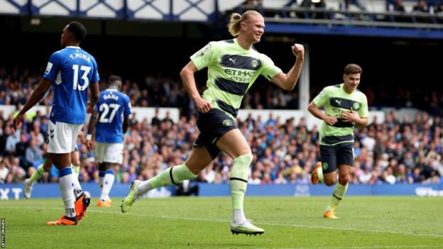 Erling Haaland celebrates scoring against Everton