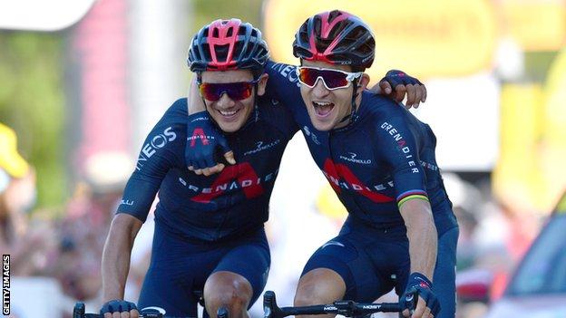 Michal Kwiatkowski (right) and Richard Carapaz (left) embrace as Ineos take a one-two on stage 18 of the 2020 Tour de France