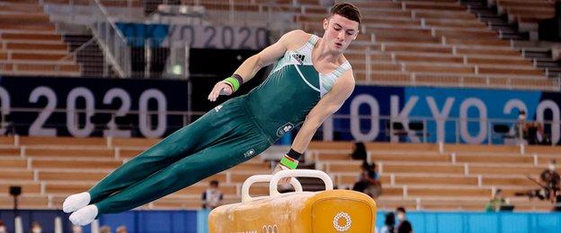 Rhys McClenaghan completed his routine after coming off in the pommel horse final