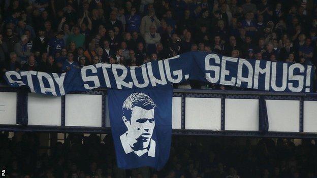 A message of support for Seamus Coleman was unfurled during Everton's Premier League match against Leicester City