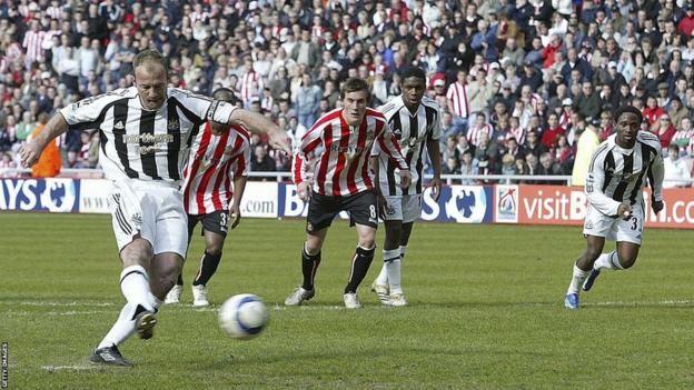 Alan Shearer taking a penalty for Newcastle