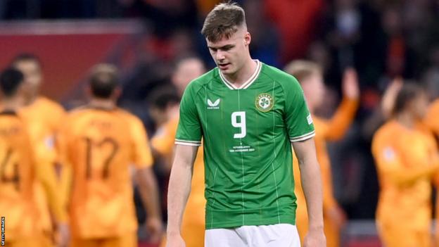 Evan Ferguson reacts during the Republic of Ireland's Euro 2024 qualifier with the Netherlands