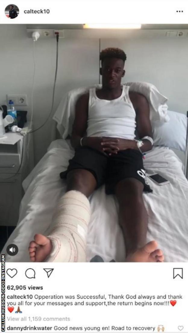 Callum Hudson-Odoi in a hospital bed, posted on Instagram