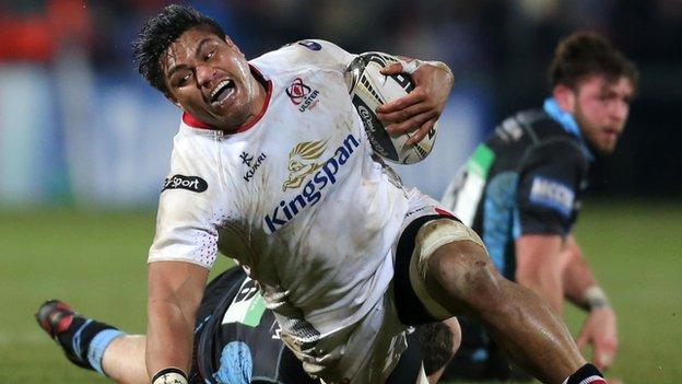 Ulster's Nick Williams is brought to ground by Glasgow's Rob Harley