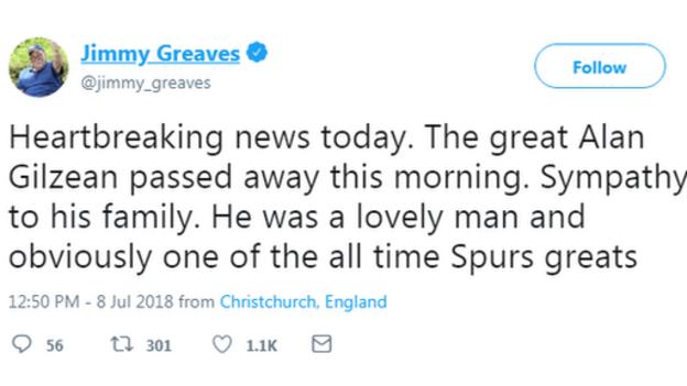 Tribute tweet from former Spurs team-mate Jimmy Greaves