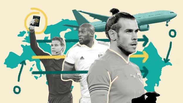 Graphic showing a plane flying over Europe, with images of Gareth Bale, Romelu Lukaku and a referee