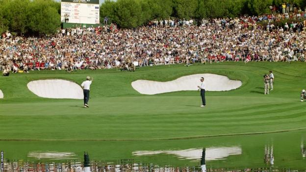 Jesper Parnevik of Team Europe on the 17th green at Valderrama