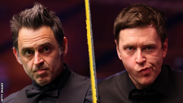 A close up of Ronnie O'Sullivan on the left and Ricky Walden on the right