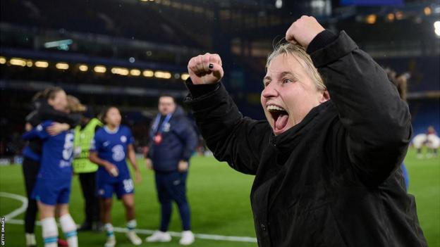 Emma Hayes celebrates winning the Women's Champions League quarter-finals in 2023