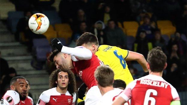 Stanislav Dragun scores for BATE Borisov against Arsenal