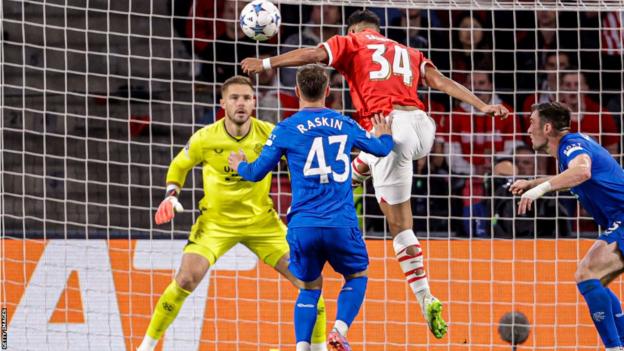 Ismael Saibari of PSV scores the first goal during the Champions League Qualifying Play-Off Second Leg match against Rangers