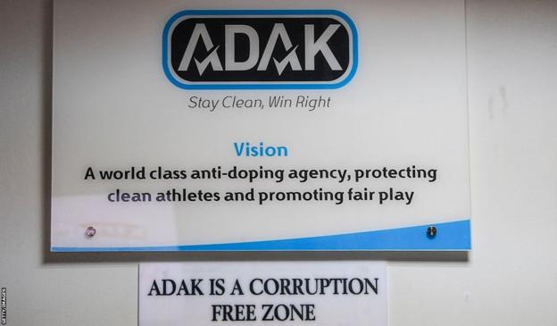 A sign outside the Anti-Doping Agency of Kenya which includes the statement 'Adak is a corruption-free zone'