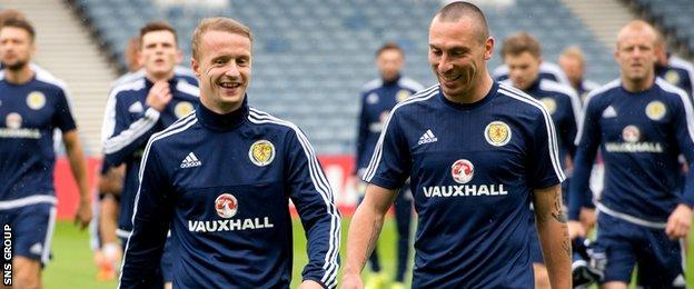 Celtic duo Leigh Griffiths and Scott Brown in Scotland training at Hampden