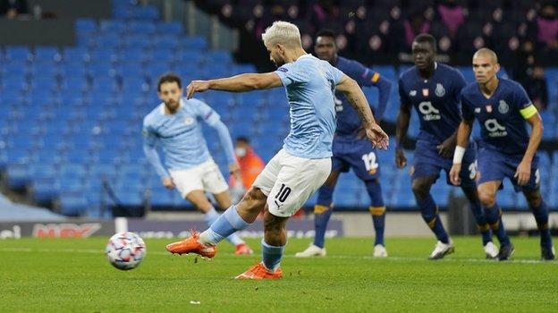 Aguero scores City's equaliser from the penalty spot against Porto on Wednesday night