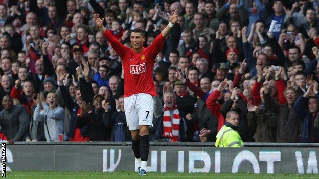 Cristiano Ronaldo festeggia all'Old Trafford nel 2008