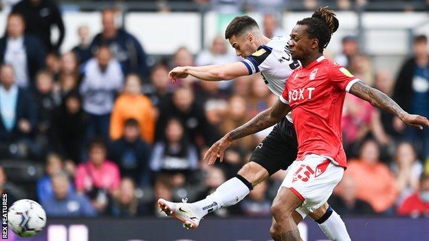 Tom Lawrence of Derby County scores against Nottingham Forest