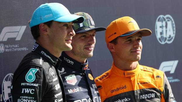George Russell, Max Verstappen and Lando Norris pose for photos after qualifying