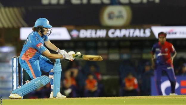 Mumbai Indians' Nat Sciver-Brunt plays a shot in the Women's Premier League final against Delhi Capitals