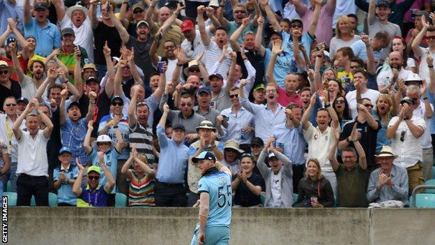 The crowd react after England all-rounder Ben Stokes takes a sensational against South Africa