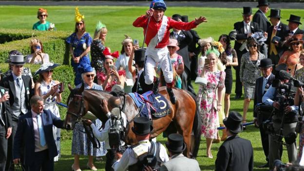 Frankie Dettori performs a flying dismount after winning the Coronation Stakes at Royal Ascot on Inspiral