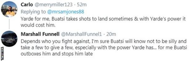 Fans on Twitter predict who would win between Anthony Yarde and Joshua Buatsi. One fan says Yarde's power will be too much for Buatsi, while the other predicts that Buatsi wins by stoppage.