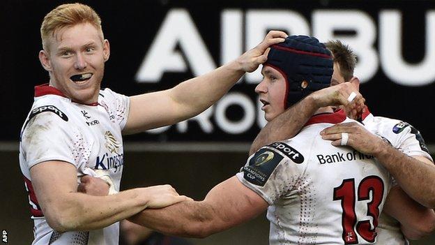 Luke Marshall is congratulated by Rory Scholes are scoring Ulster's third try in Toulouse