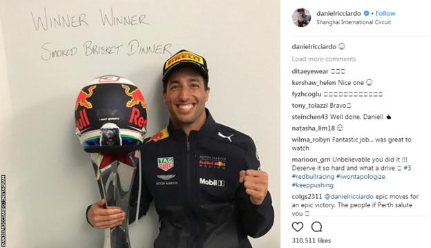 Ricciardo posted on Instagram about his celebratory meal after winning in Shanghai