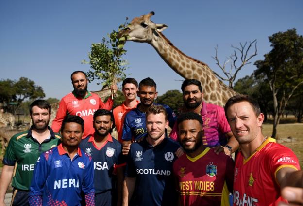 A giraffe photobombs the captains' selfie before the Cricket World Cup Qualifier in Zimbabwe