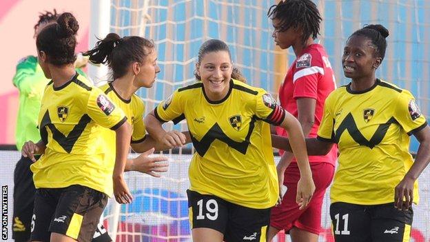 Noha Mamdouh and Wadi Degla team-mates celebrate the first ever goal in the Women's African Champions League
