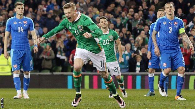 James McClean celebrates scoring a penalty in the Republic's friendly against Slovakia in March 2016