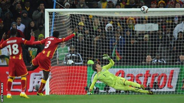 Asamoah Gyan misses a penalty in the 2010 World Cup quarter-final against Uruguay